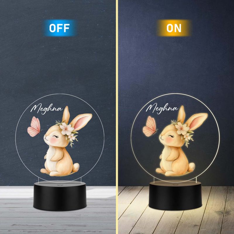 Personalized Bunny with Butterfly UV Print 3D LED Night Light – Warm White Birthday Return Gift for Kids